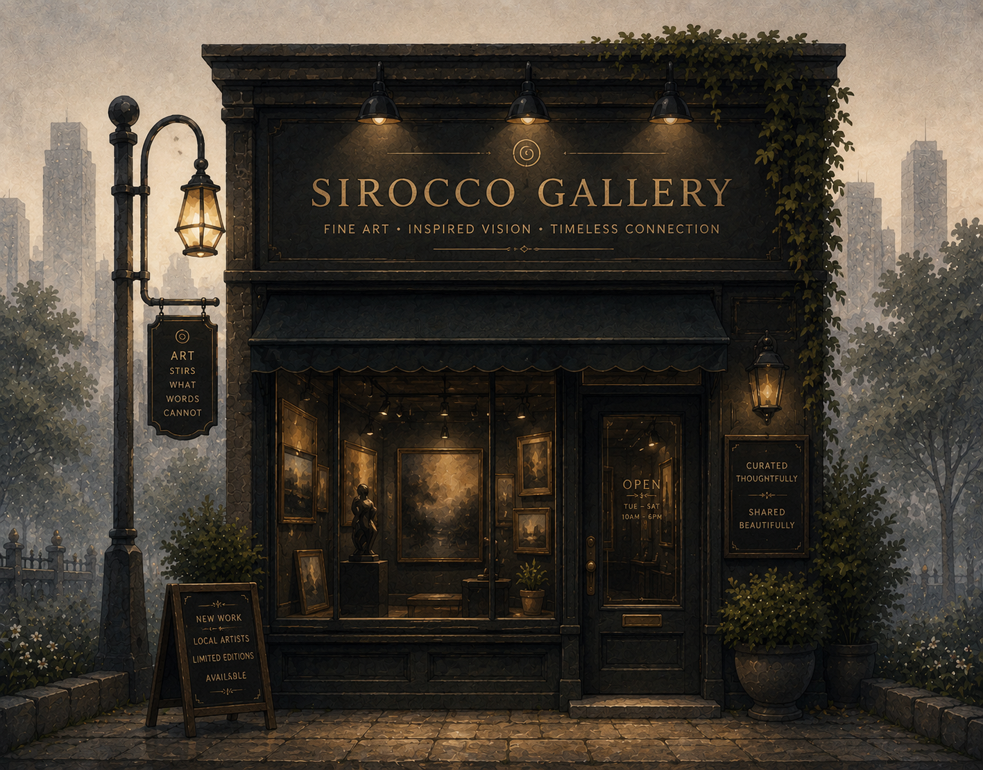 Sirocco Gallery storefront — a design gallery on the town square.