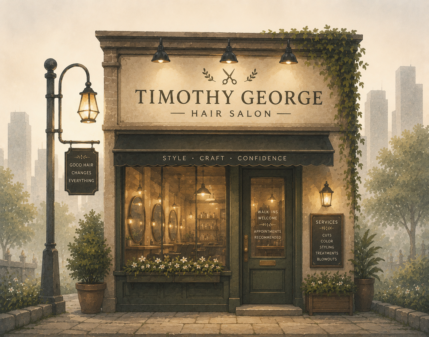 Timothy George storefront — a salon & studio on the town square.