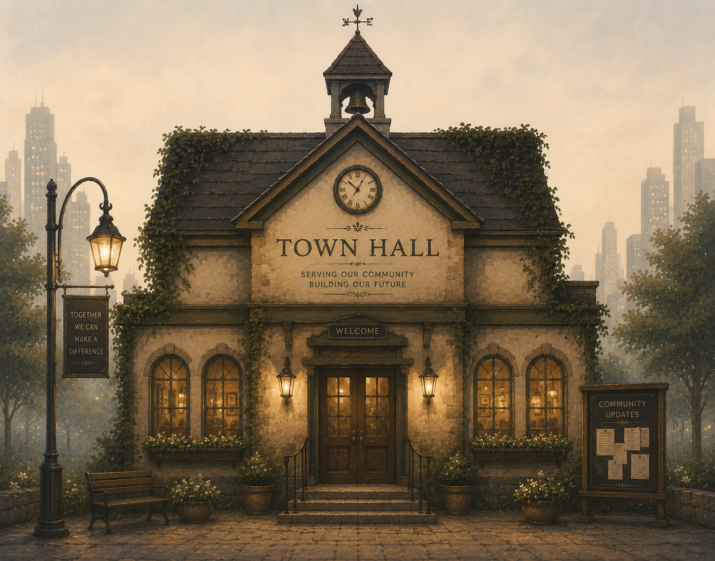 Treefrog Town Hall — an ivy-covered stone civic building at dusk: a clock and bell tower above the door, warm-lit windows, a lamppost and a community-updates board on the square.