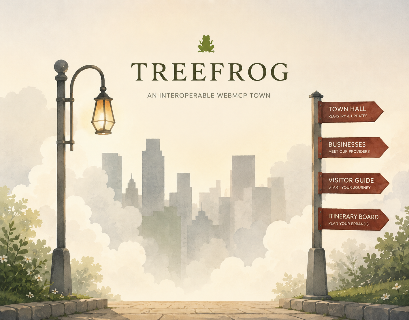Treefrog — an interoperable WebMCP town: a misty town square at dawn, a lamppost, and a signpost pointing to Town Hall, Businesses, Visitor Guide, and Itinerary Board.