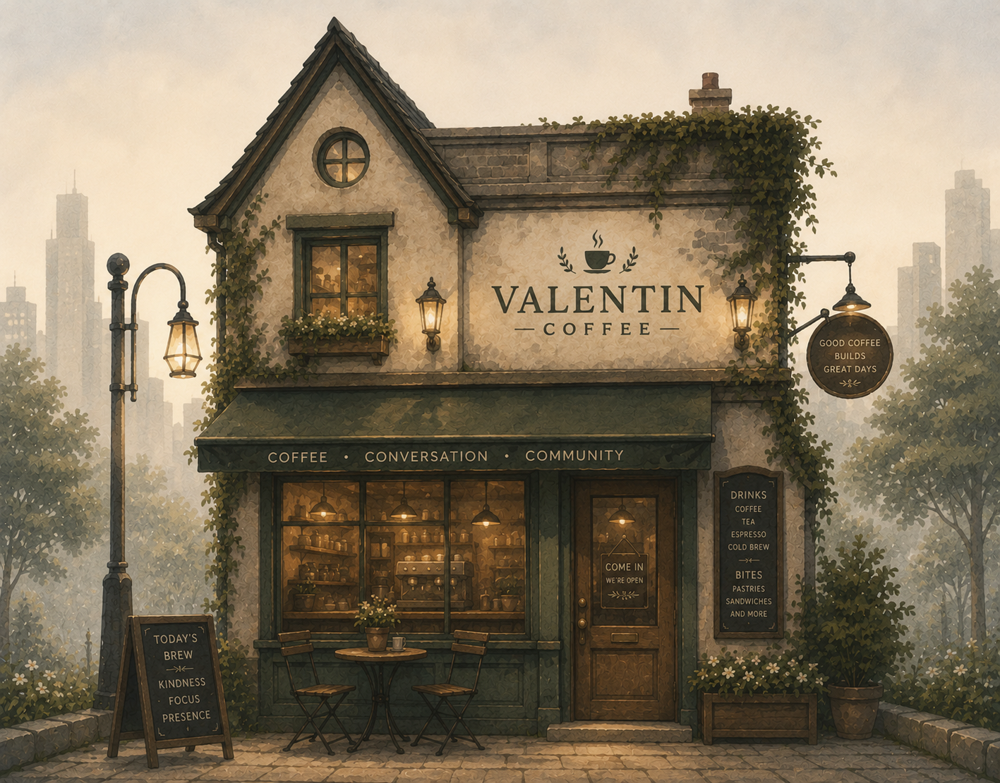Valentin Coffee storefront — a coffee on the town square.